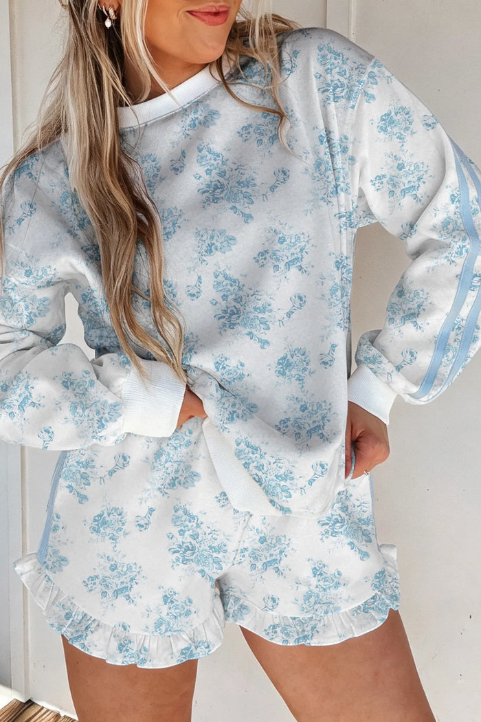 Sky Blue Floral Print Striped Detail Long Sleeve Top Ruffle Hem Shorts 2pcs Set – Light Blue