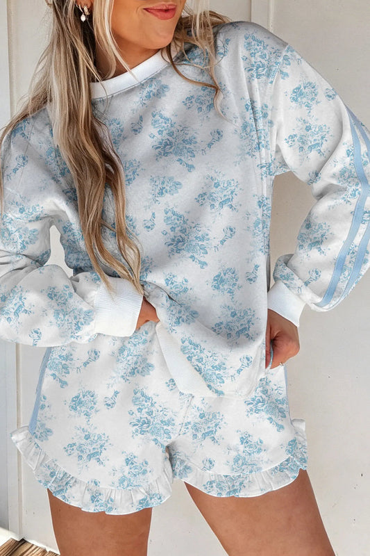 Sky Blue Floral Print Striped Detail Long Sleeve Top Ruffle Hem Shorts 2pcs Set – Light Blue