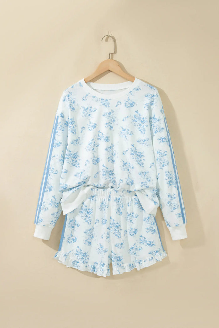 Sky Blue Floral Print Striped Detail Long Sleeve Top Ruffle Hem Shorts 2pcs Set – Light Blue