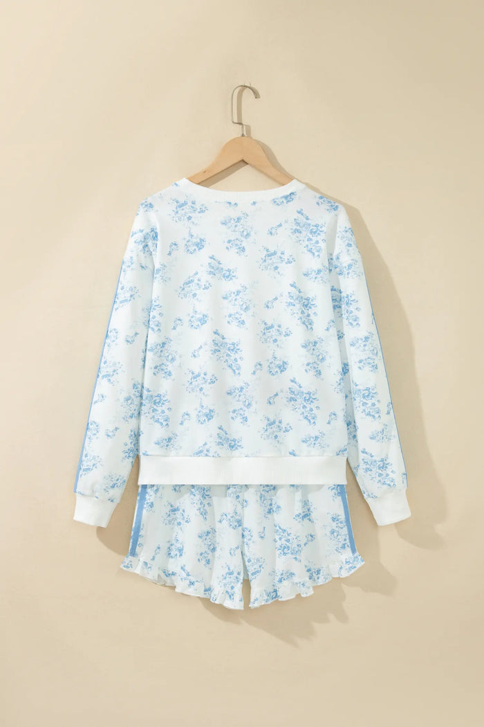 Sky Blue Floral Print Striped Detail Long Sleeve Top Ruffle Hem Shorts 2pcs Set – Light Blue