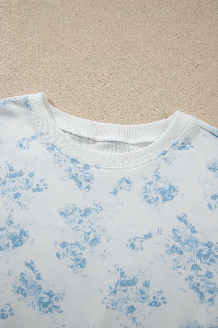 Sky Blue Floral Print Striped Detail Long Sleeve Top Ruffle Hem Shorts 2pcs Set – Light Blue