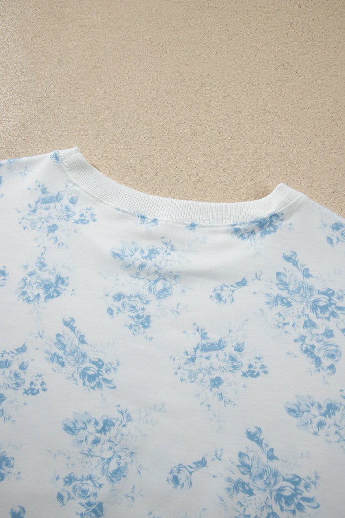 Sky Blue Floral Print Striped Detail Long Sleeve Top Ruffle Hem Shorts 2pcs Set – Light Blue