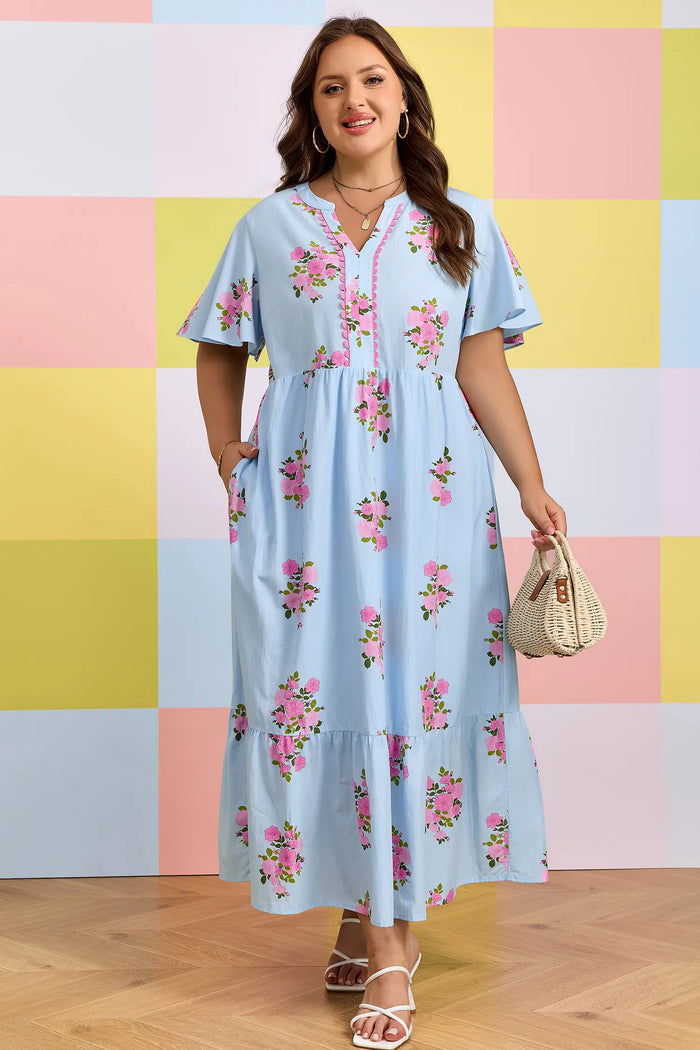 Sky Blue Plus Size Floral Print Scalloped Trim V-Neck Dress – Light Blue