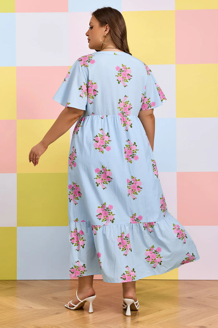 Sky Blue Plus Size Floral Print Scalloped Trim V-Neck Dress – Light Blue