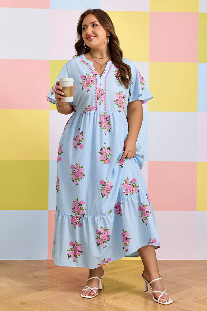 Sky Blue Plus Size Floral Print Scalloped Trim V-Neck Dress – Light Blue