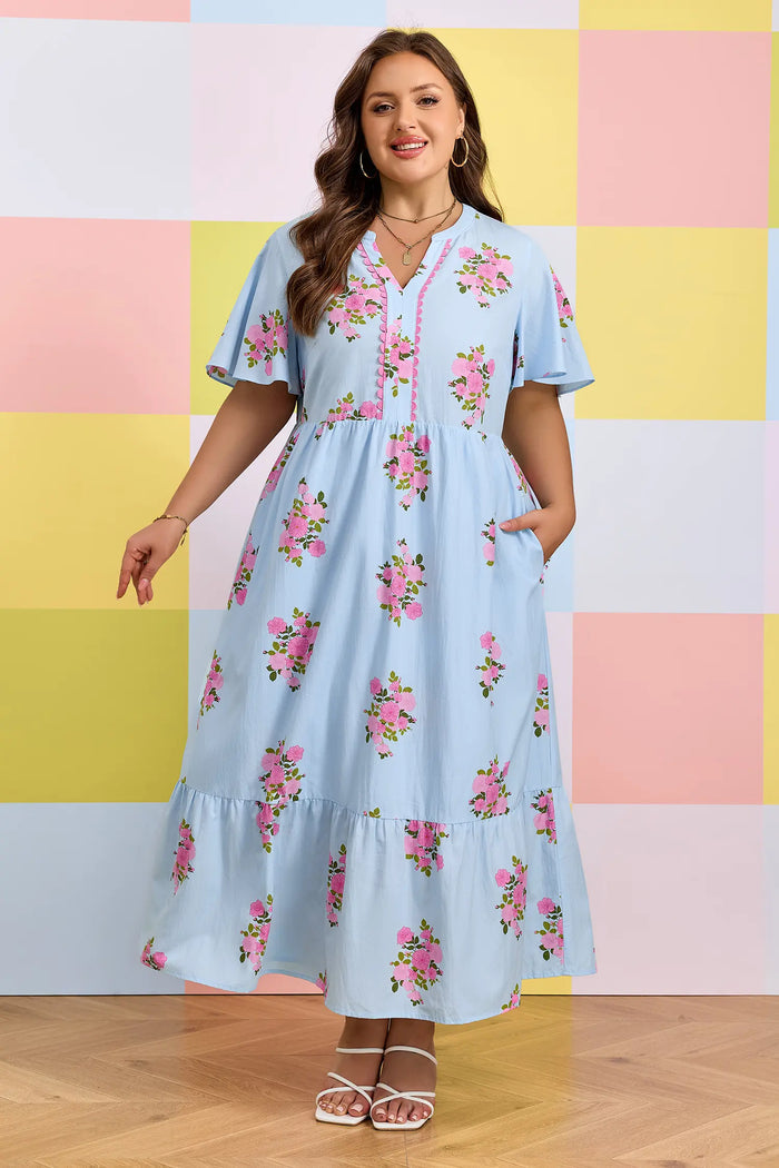 Sky Blue Plus Size Floral Print Scalloped Trim V-Neck Dress – Light Blue