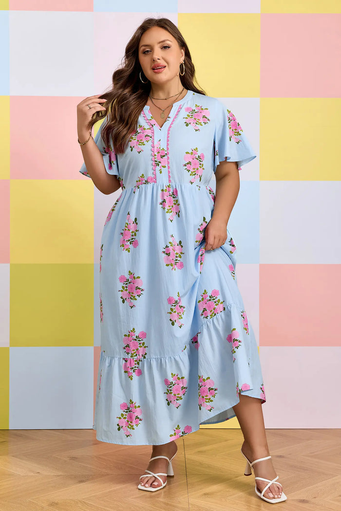 Sky Blue Plus Size Floral Print Scalloped Trim V-Neck Dress – Light Blue
