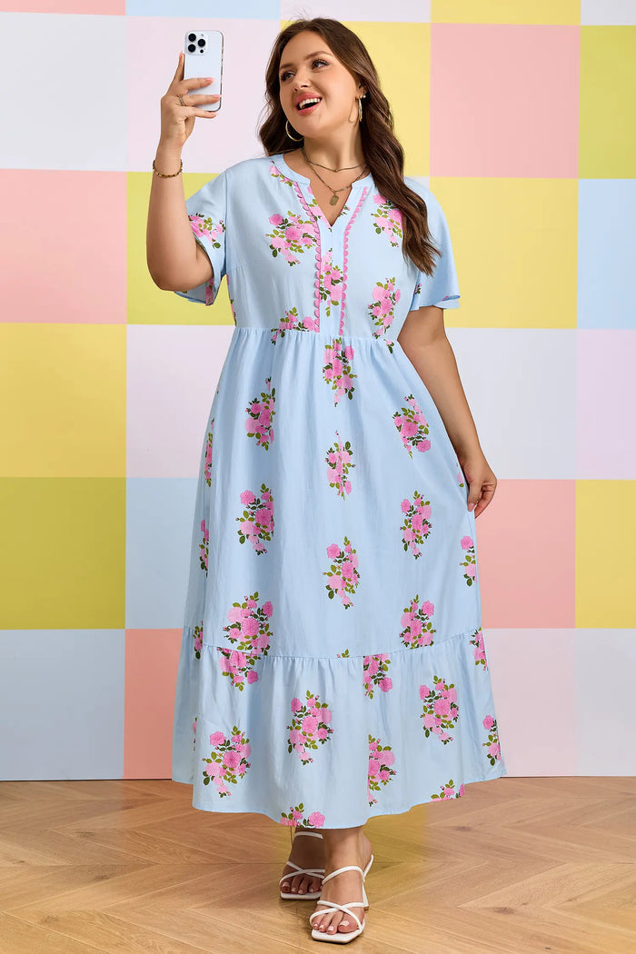 Sky Blue Plus Size Floral Print Scalloped Trim V-Neck Dress – Light Blue