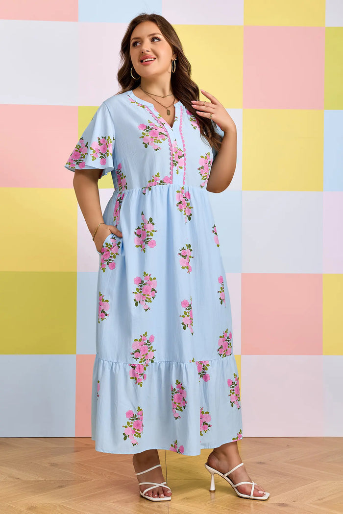 Sky Blue Plus Size Floral Print Scalloped Trim V-Neck Dress – Light Blue