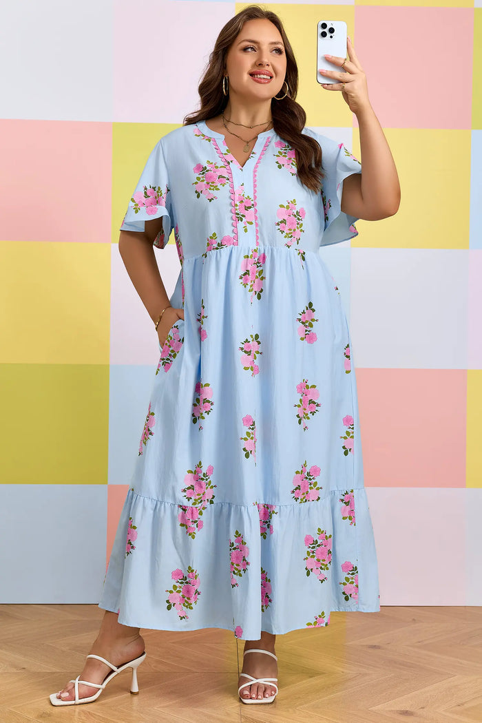Sky Blue Plus Size Floral Print Scalloped Trim V-Neck Dress – Light Blue