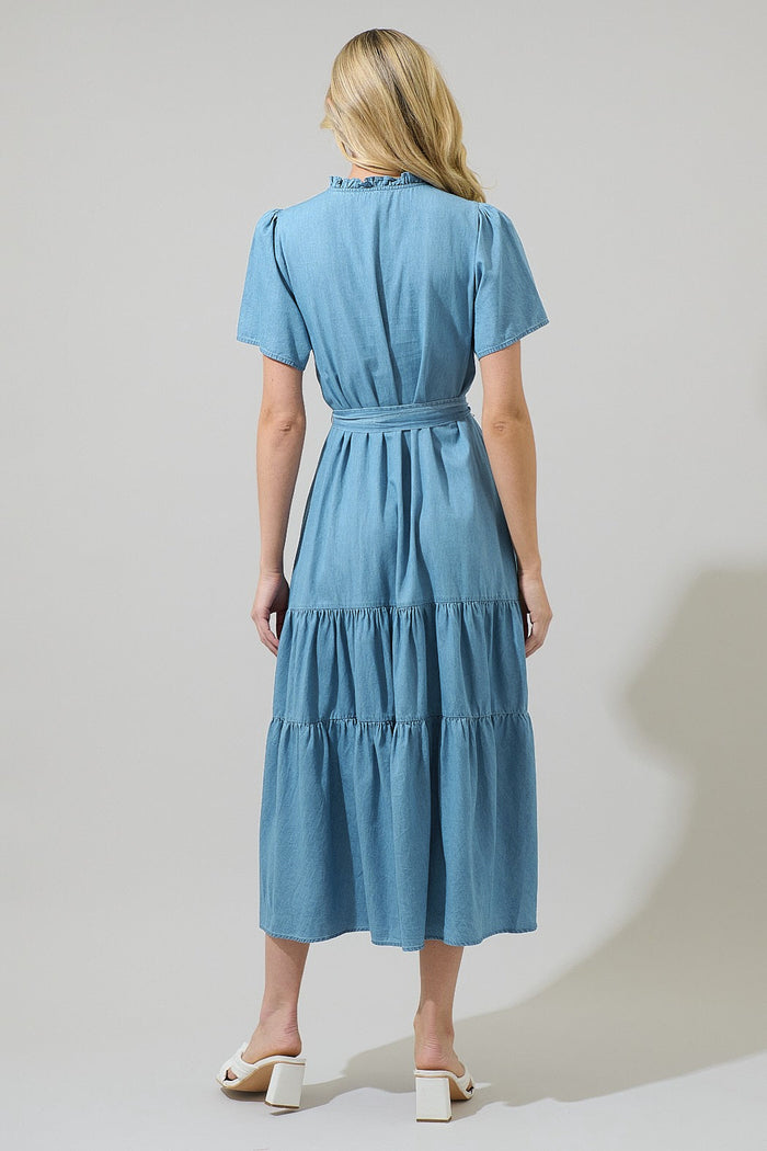 Skylah Chambray Britt Tiered Midi Dress