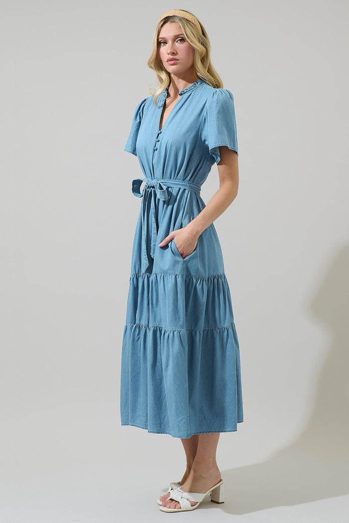 Skylah Chambray Britt Tiered Midi Dress