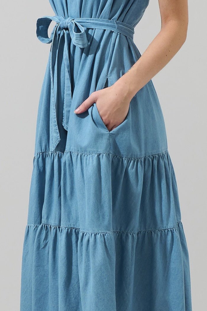 Skylah Chambray Britt Tiered Midi Dress