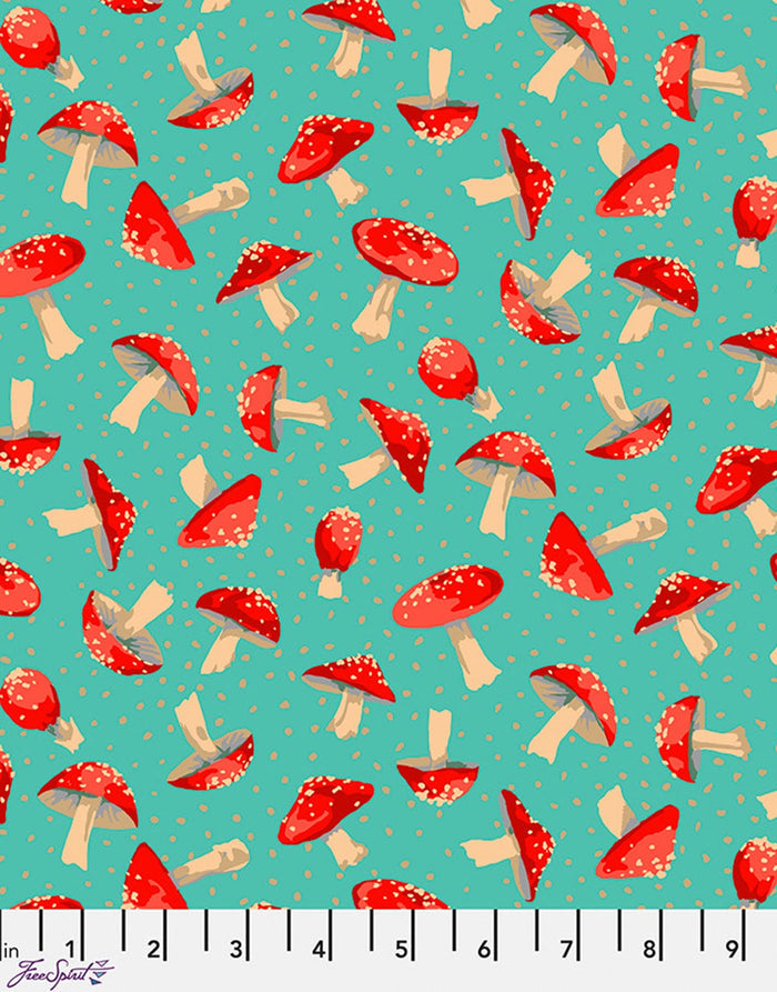Small Toadstool Aqua Cotton Fabric, Forage by Martha Negley