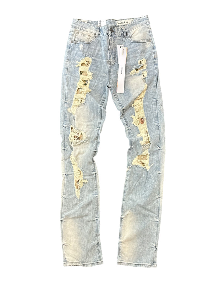 Smoke Rise Aim High tapestry applique stack denim in Seville Blue, featuring detailed denim fabric and intricate design.