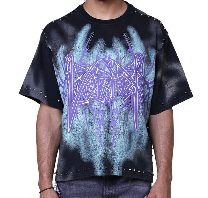 Black Smoke Rise 'Ascended' studded T-shirt with metal stud accents, casual fit, and graphic design details.
