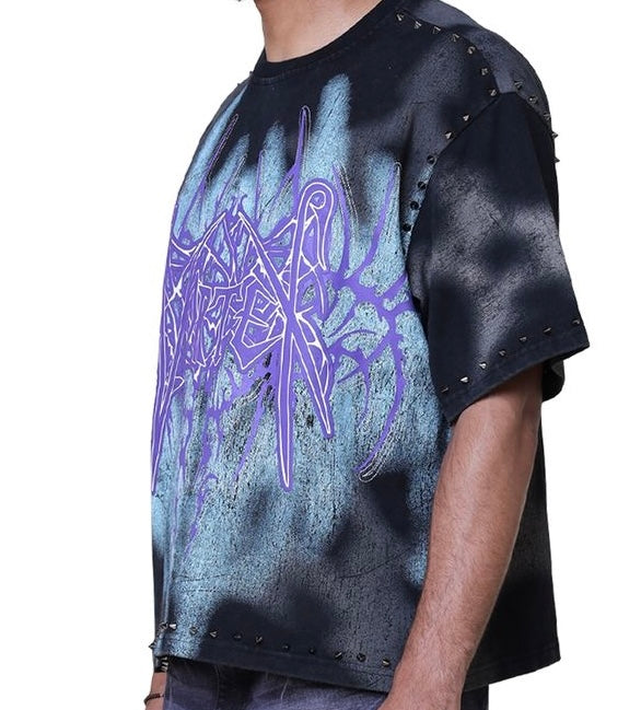 Black Smoke Rise 'Ascended' studded T-shirt with metal stud accents, casual fit, featuring a graphic design on the front.