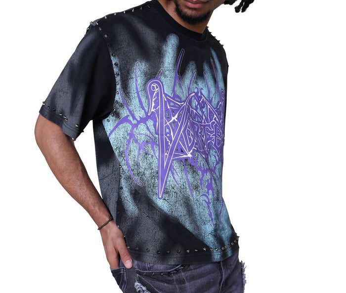 Black Smoke Rise Ascended Studded T-shirt with metal studs and graphic design, casual fit, front view.