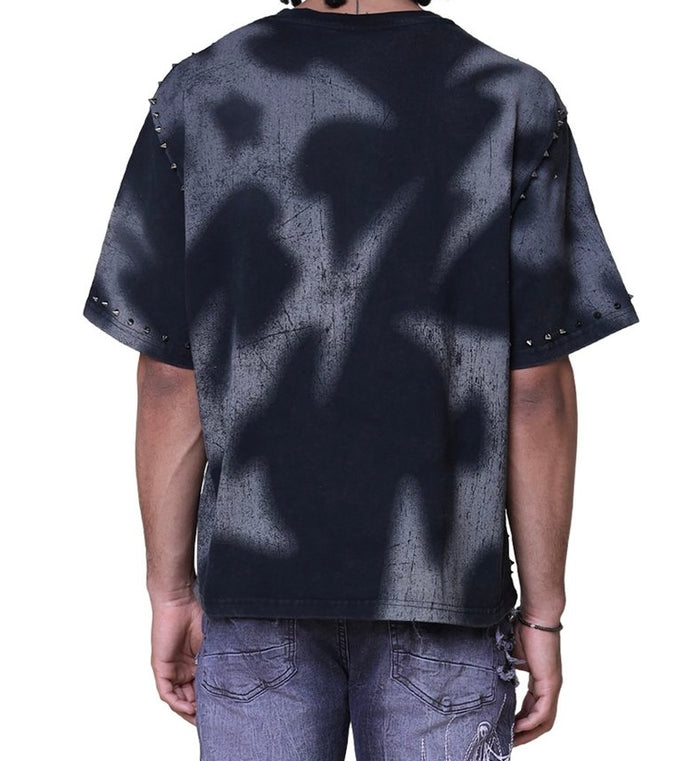 Black Smoke Rise 'Ascended' studded tee shirt with silver studs, casual fit, front graphic, and short sleeves.