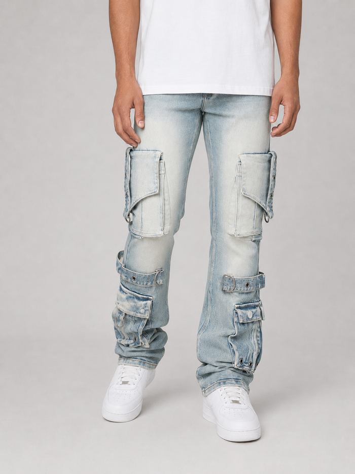 Smoke Rise Eyelet Stacked Flare Cargo jeans in Parsons Blue denim, featuring a stylish stacked flare design.