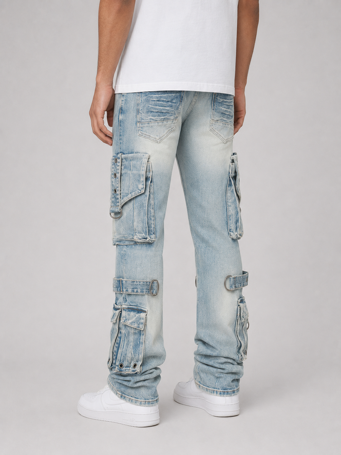 Smoke Rise Eyelet Stacked Flare Cargo jeans in Parsons Blue denim, showcasing the stylish stacked flare design and eyelet details.