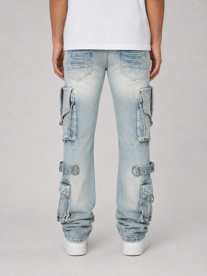 Smoke Rise Eyelet Stacked Flare Cargo in Parsons Blue, stacked denim jeans with eyelet details and a flared silhouette.