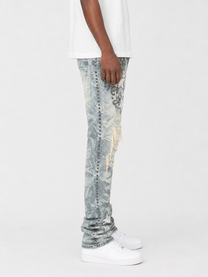 Blue Smoke Rise Studded R&R Stacked denim jeans with metal stud details, showcasing a stylish blue Toast color and modern fit.