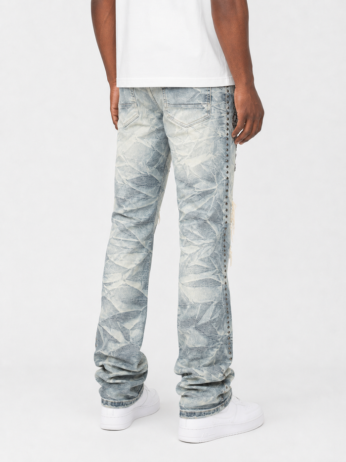 Smoke Rise Studded R&R Stacked denim in Blue Toast, featuring a fitted design with studded detailing and stacked style.