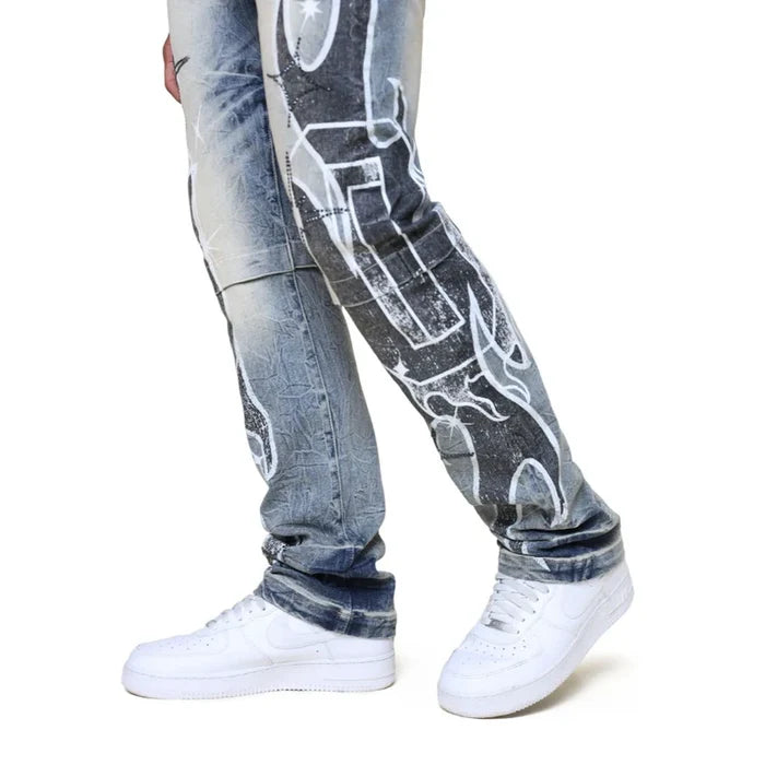 Smoke Rise Unbreakable Hazel Blue denim jeans with classic fit and durable fabric, shown on a model.