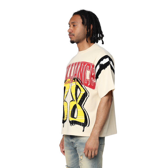 Smoke Rise Victory Flocking wide crop tee in Wood Ash color, featuring flocked design and casual fit.