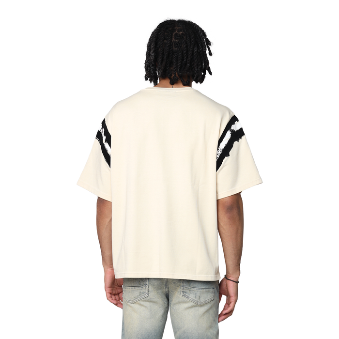 Smoke Rise Victory Flocking wide crop tee in Wood Ash color, featuring flocked logo design and relaxed fit.