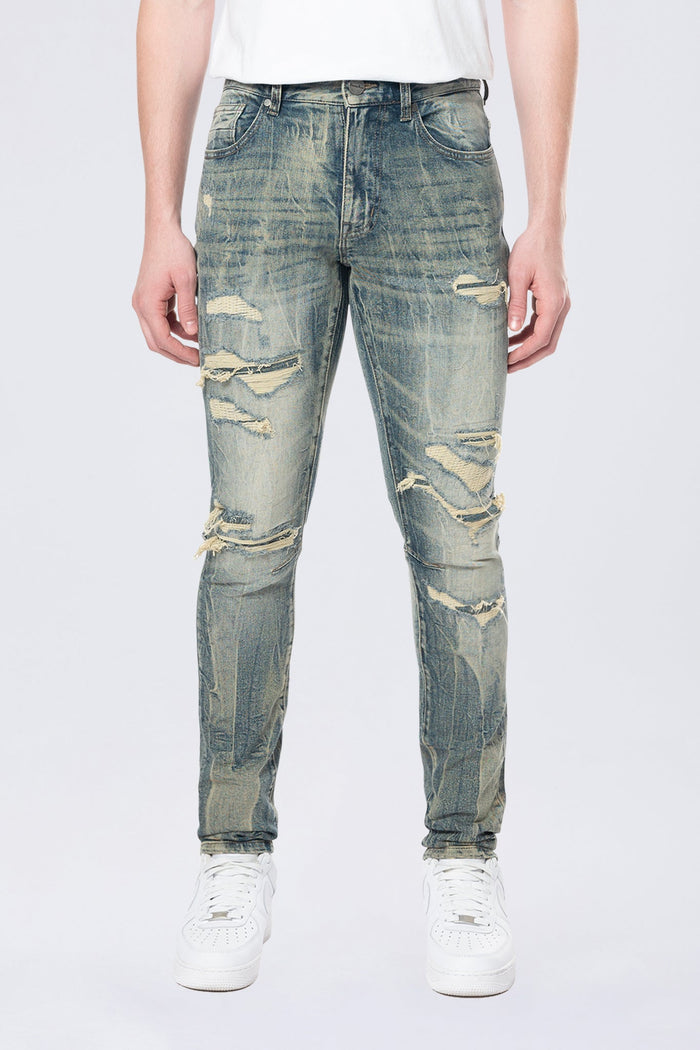 Smoke Rise Vintage Wash denim jeans in Topaz Blue, showing classic fit and faded denim texture.