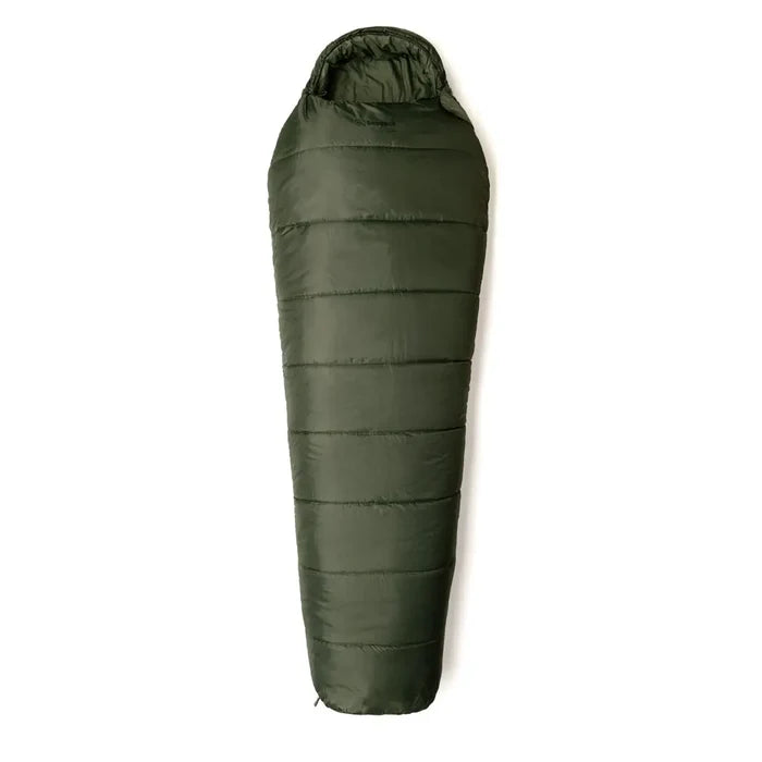 Studio shot on a white background from above of a Snugpak Sleeper Extreme sleeping bag unpacked in olive