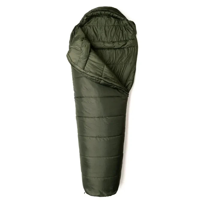 Studio shot on a white background from above of a Snugpak Sleeper Extreme sleeping bag unpacked and opened out in olive