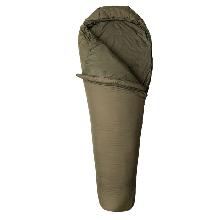 Snugpak Softie 9 Hawk in olive photographed from above half unzipped and the opening folded back to showcase the inner fabric