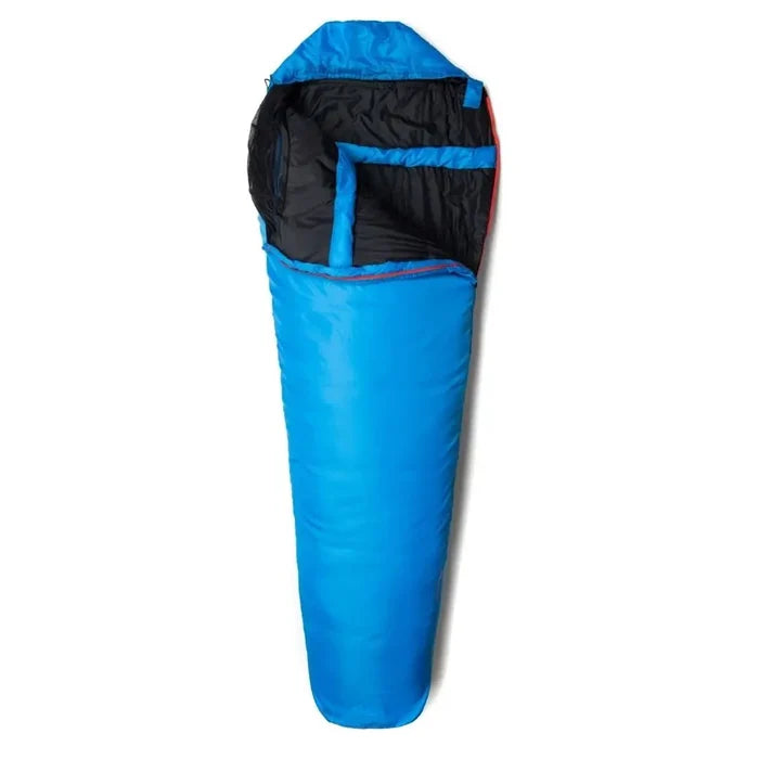 Studio shot on a white background of Snugpak Travelpak 2 season sleeping bag full length with the entrance folded back