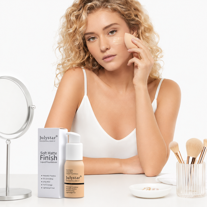Matte liquid foundation bottle with beige shade swatches and smooth full coverage makeup finish