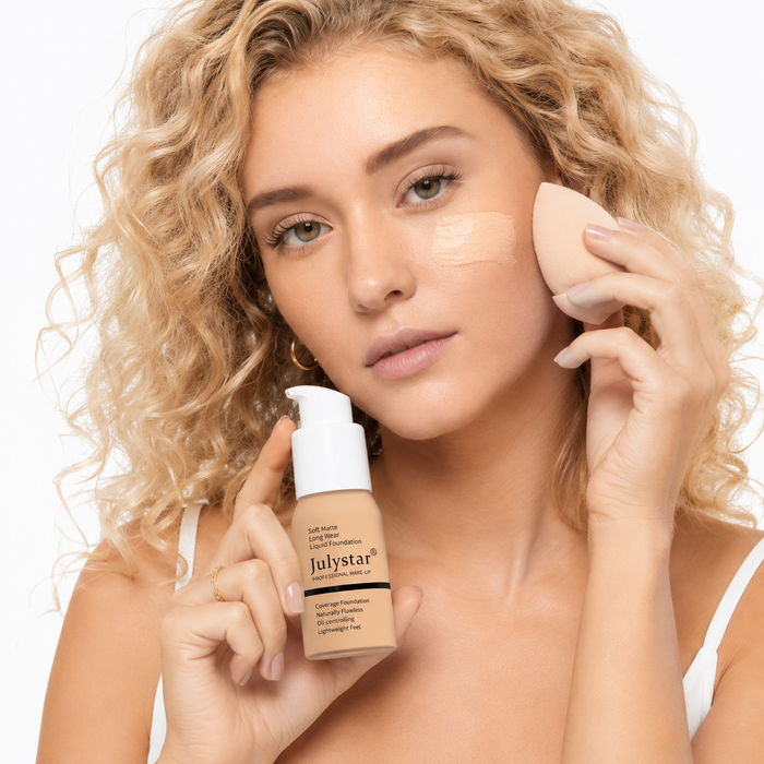 Long lasting foundation with matte finish, lightweight coverage, and clean beauty product display
