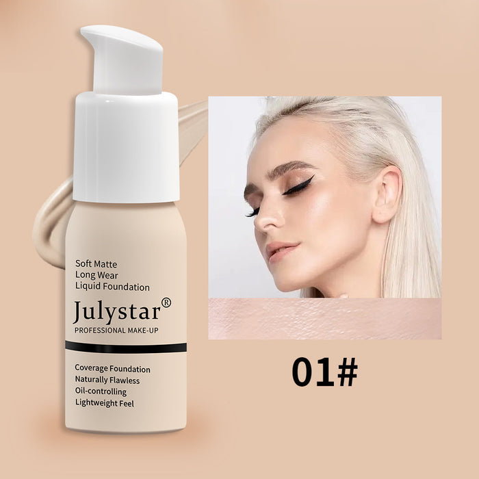 Long wear matte foundation with natural-looking coverage, beige shade, and smooth skin finish