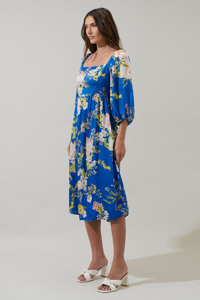 Solary Floral Amaretto Puff Sleeve Midi Dress