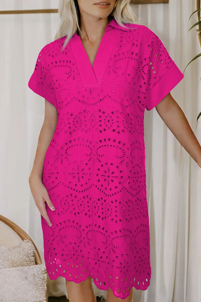 Solid Color Eyelet Embroidered T Shirt Mini Dress – Rose Red