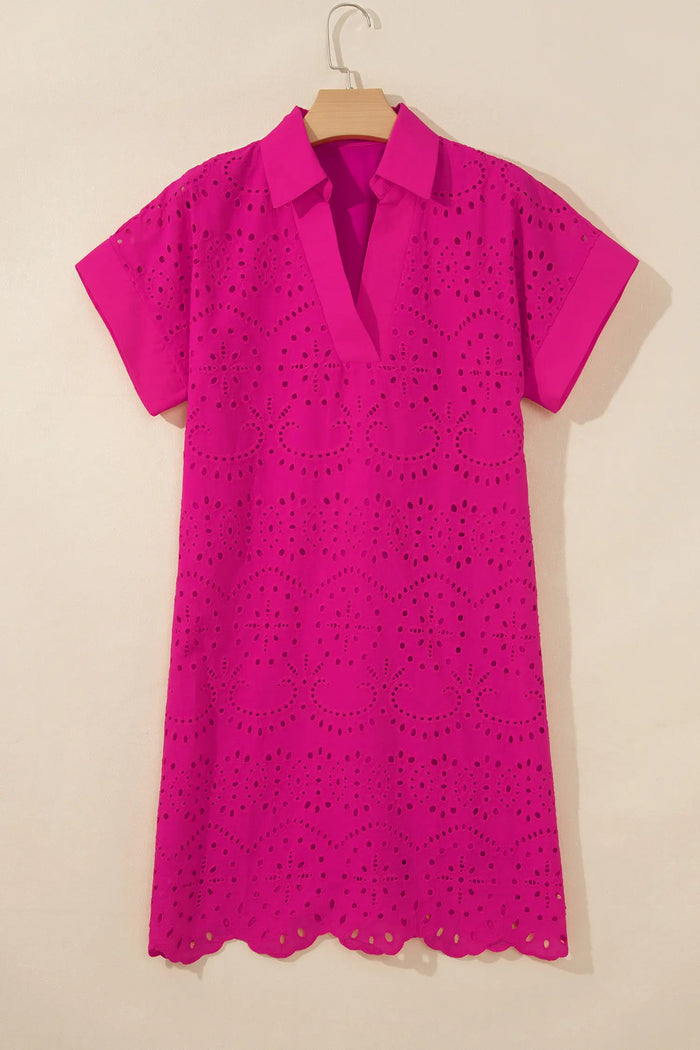 Solid Color Eyelet Embroidered T Shirt Mini Dress – Rose Red