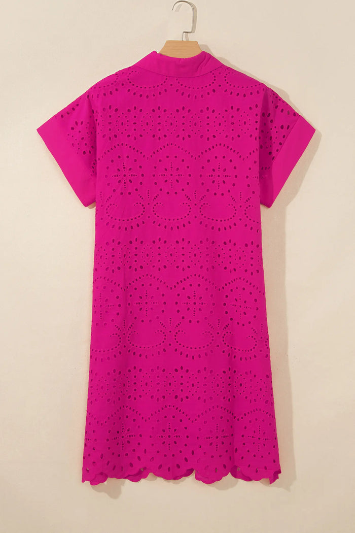 Solid Color Eyelet Embroidered T Shirt Mini Dress – Rose Red