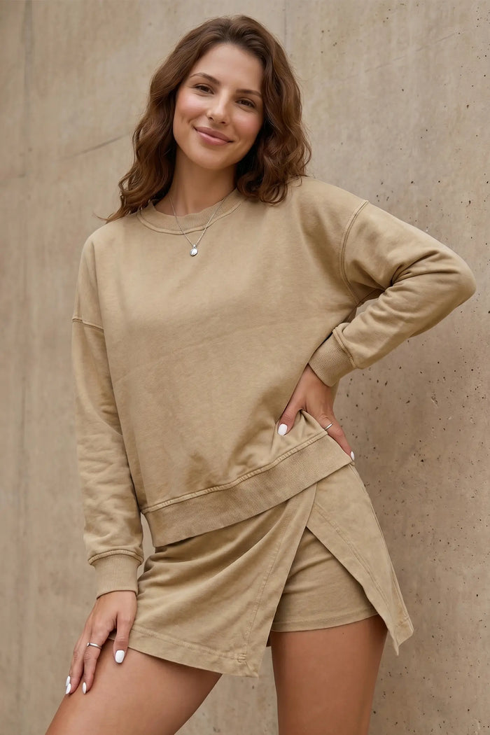 Solid Color Long Sleeve Top Split Skort 2pcs Outfit – Parchment