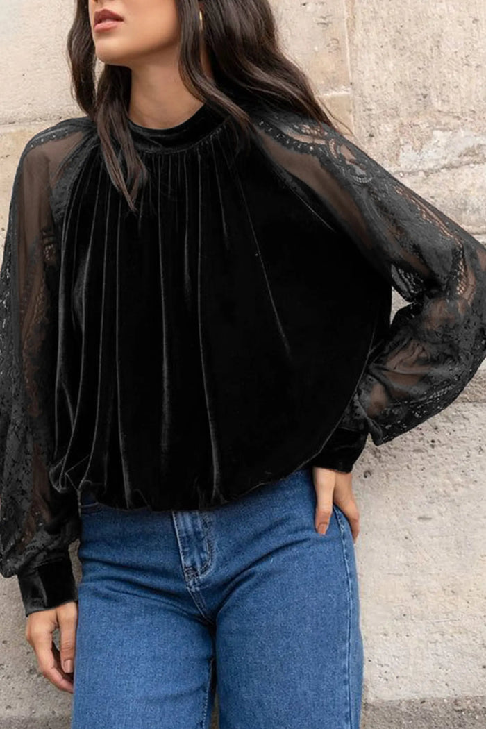 Solid Color Sheer Lace Long Sleeve Patchwork Stand Neck Velvet Blouse – Color Black