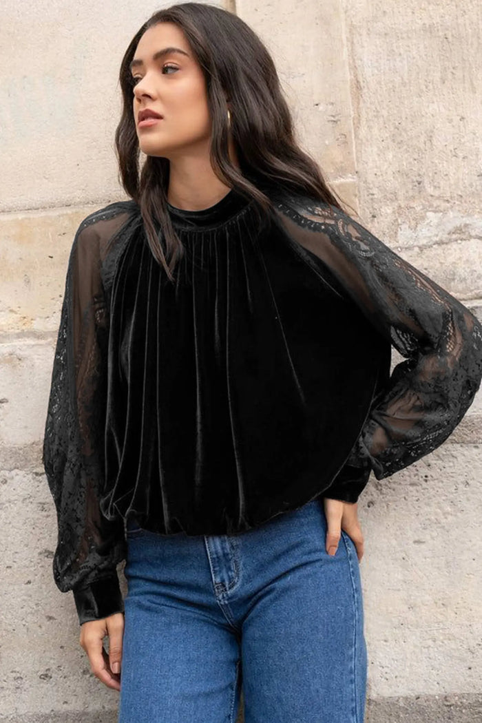 Solid Color Sheer Lace Long Sleeve Patchwork Stand Neck Velvet Blouse – Color Black