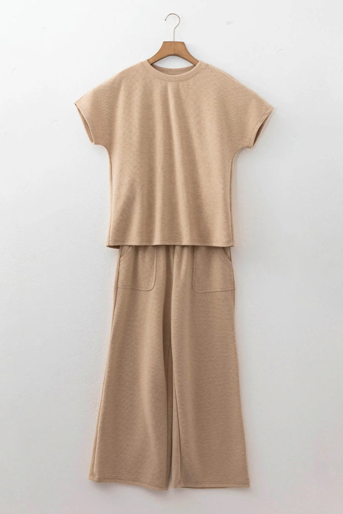 Solid Color Short Sleeve Ribbed Top Casual Pants 2pcs Set – Light French Beige