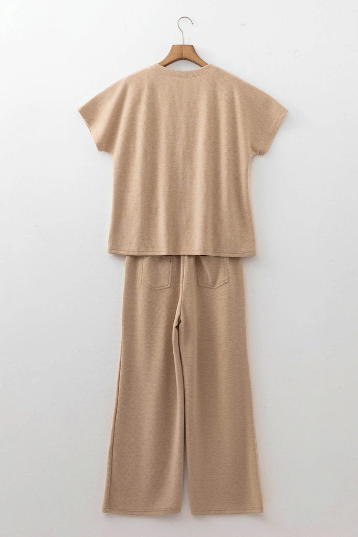 Solid Color Short Sleeve Ribbed Top Casual Pants 2pcs Set – Light French Beige