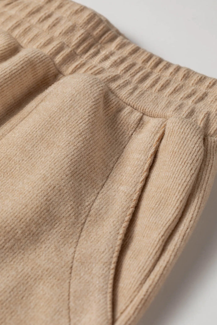 Solid Color Short Sleeve Ribbed Top Casual Pants 2pcs Set – Light French Beige