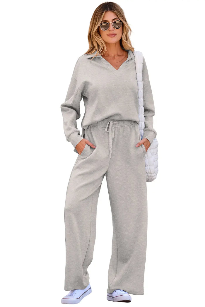 Solid Color V Neck Top and High Waist Pants Set – Gray